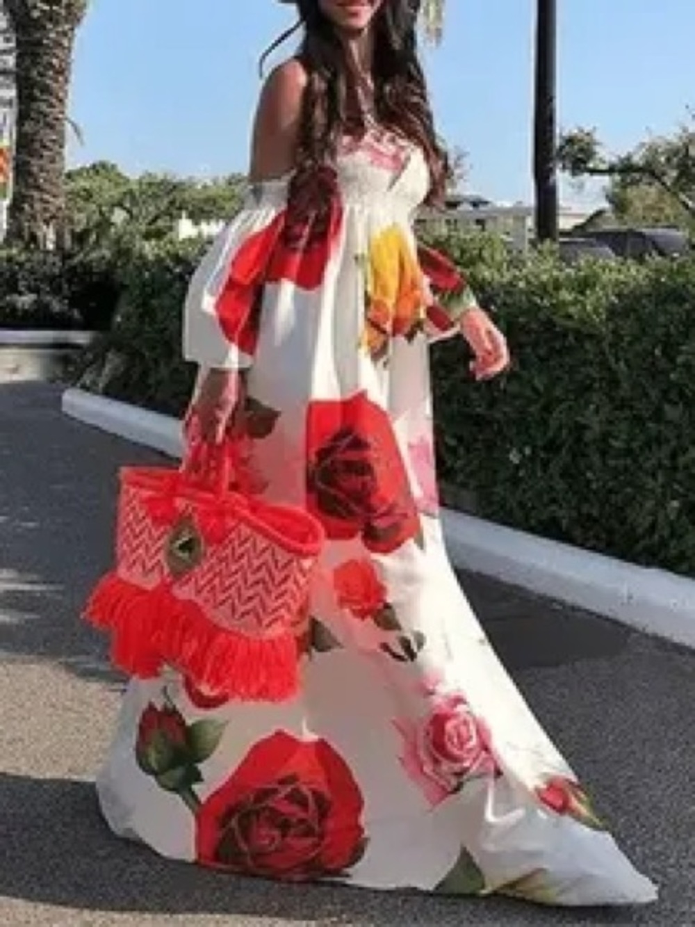 Off-Shoulder White Maxi Dress with Red Floral Print